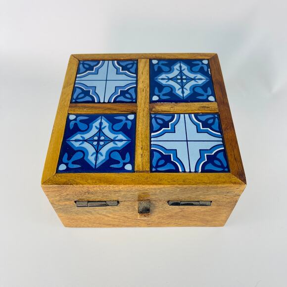 Blue Tile Wood Box - As Is - 7 1/2 x 4 1/8” - Picture 4 of 7